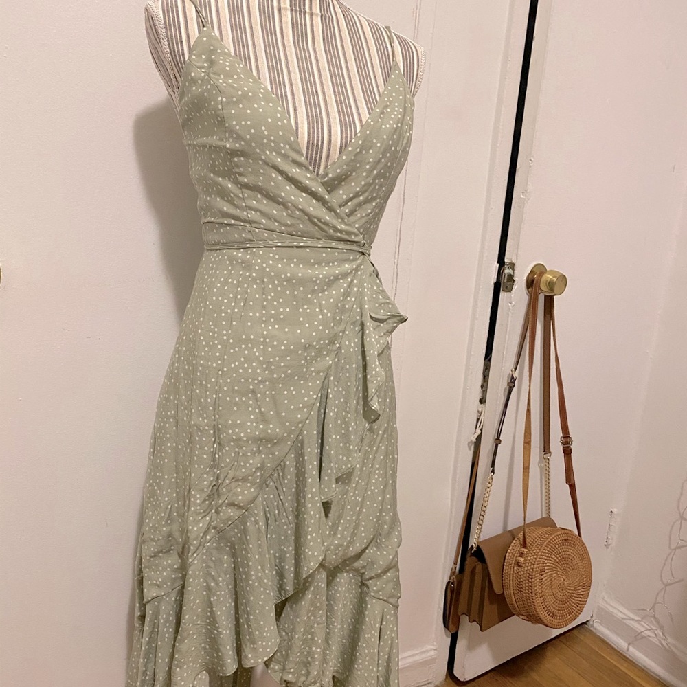 Sage green polka dot warp high low dress